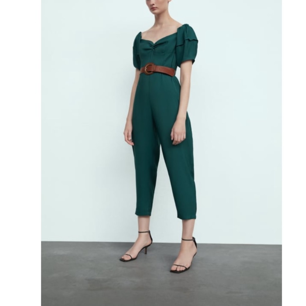 Puff sleeve belted jumpsuit